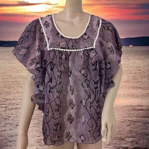 Y2K Sheer Poncho Top S Blouse Artsy Purple Animal Print Flowy Batwing Sleeves. 